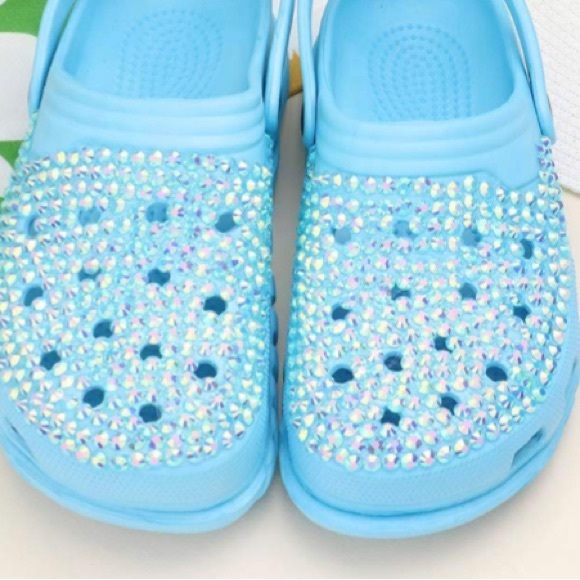Blue Bling Rhinestone Crystal Slip On Croclike Slides Rubber Clogs Shoes - Picture 4 of 5